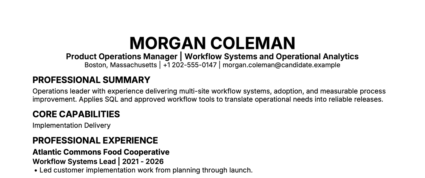 Cropped synthetic résumé for Morgan Coleman, showing the professional summary, core capability, and complete first experience bullet. Education is excluded.
